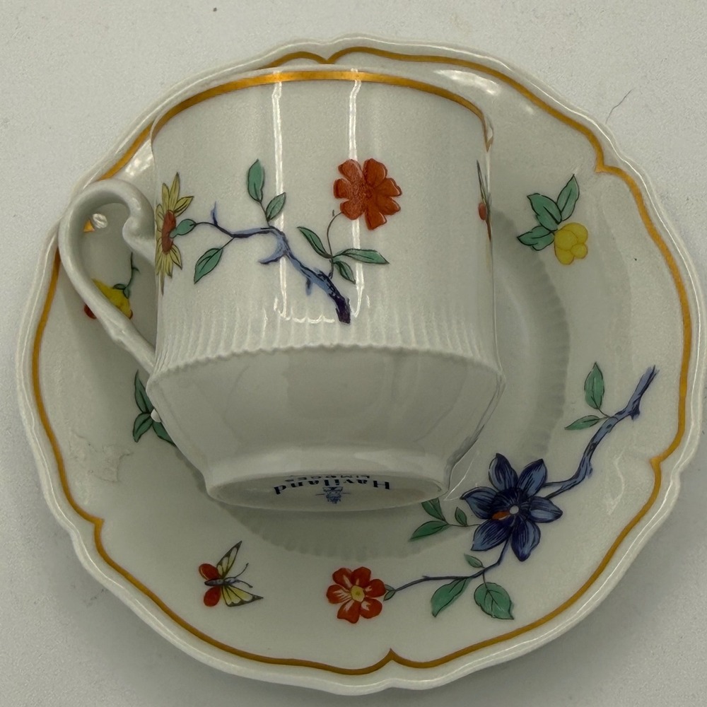 Haviland Limoges Shalimar Tea Cup Saucer Set Floral Butterfly Gold Trim France